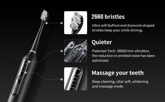 Features of usmile toothbrush against black background